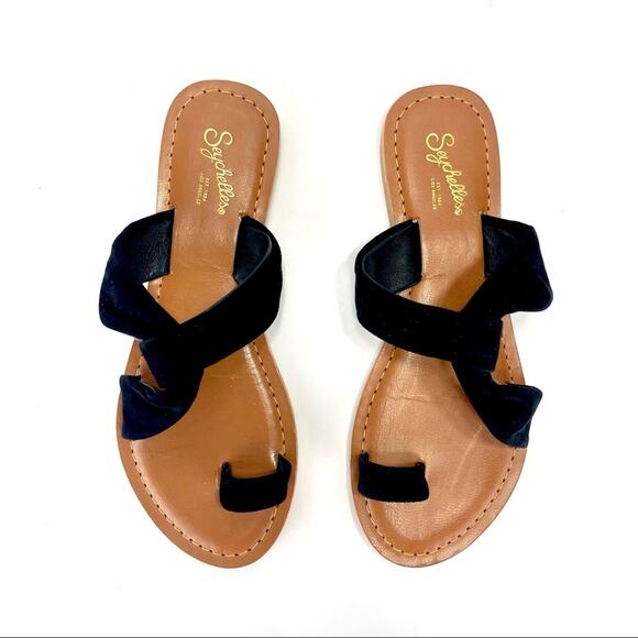 Seychelles Flat Slide Sandal Size 6.5 Black Leather Ring-Toe Padded Footbed New - Picture 1 of 16